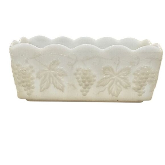 Anchor Hocking Milk Glass Planter Grapevine Design Rectangular Scalloped Edge - Picture 1 of 7